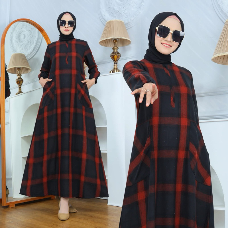 Midori - Laila Dress - Gamis Flanel Kotak Katun Premium- Gamis Resleting Depan