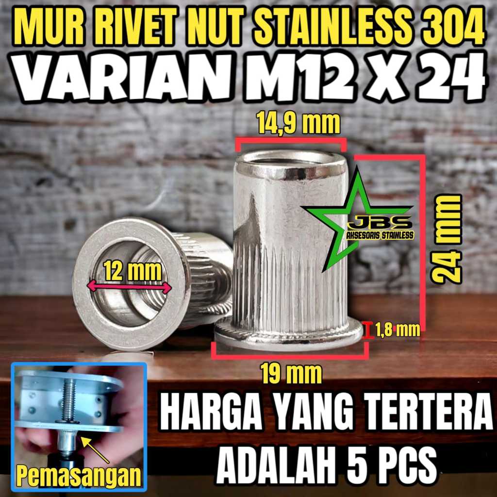 [5 PCS] RIVET NUT [M12X24] STAINLESS SS 304 / MUR RIVET STAINLESS / MUR FURNITUREMUR RIVET