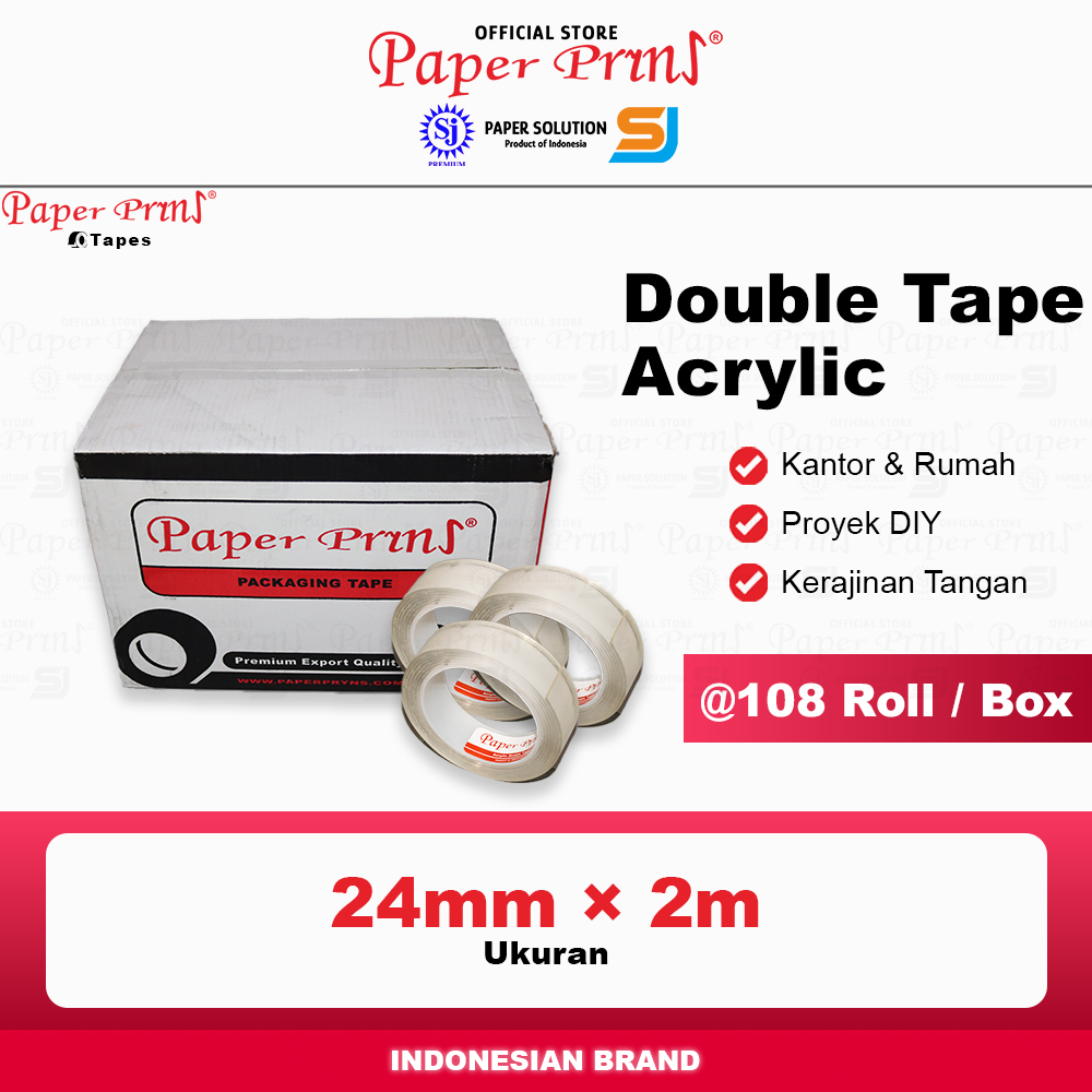 

Double Tape Nano Bening Acrylic 1 Inch Paperpryns 24mm x 2 metre (@1 Box isi 108 Roll)