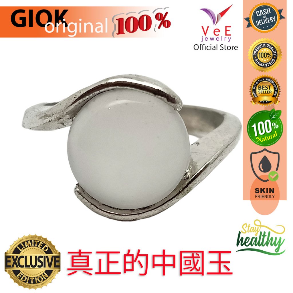 Cincin Wanita Batu Giok Putih Susu Natural Alami Asli Cina Sterling Silver Model 8 - VeE Jewelry Cin