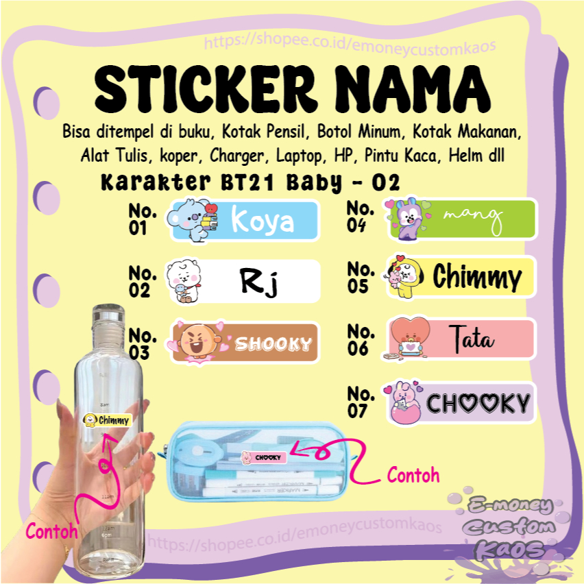 

STICKER LABEL NAMA BT21 BABY 02 LUCU BTS ANAK STIKER CUSTOM LEBEL PREMIUM MURAH LUCU BISA TEMPEL DI BUKU KOTAK PENSIL HELM BOTOL MINUM KOTAK MAKANAN ALAT TULIS KOPER LAPTOP HP PINTU KACA