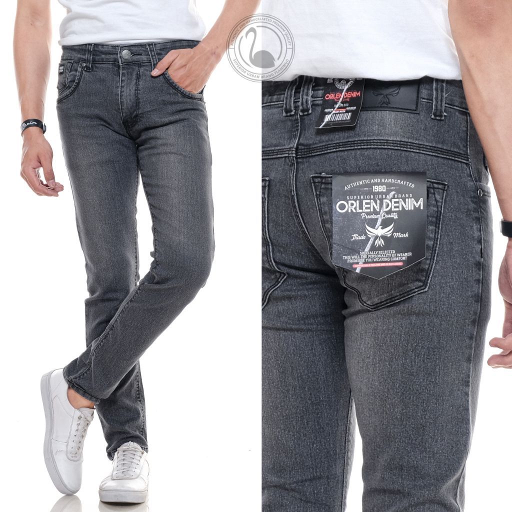 ORLEN DENIM Celana Jeans Panjang Pria Slim Fit Denim Stretch Abu