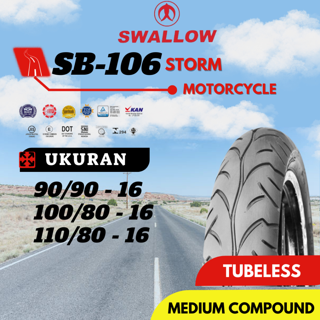 BAN LUAR SEPEDA MOTOR SWALLOW SB-106 STORM 90/90 100/80 110/80 RING 16 TUBELESS