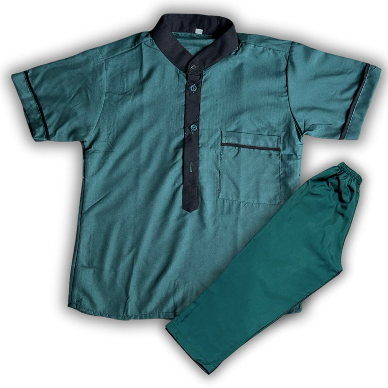 baju koko anak laki laki lengan pendek motif polos warna hijau botol
