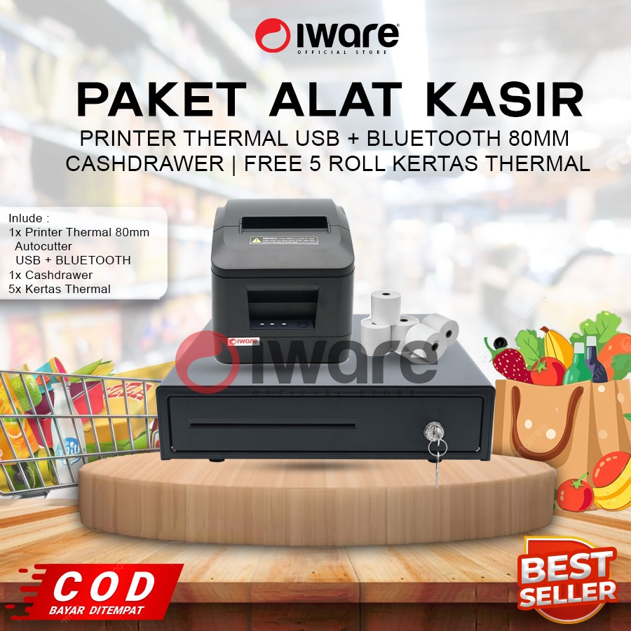 PAKET KASIR PRINTER AUTOCUTTER USB+BLUETOOTH 80MM + CASHDRAWER + 5 ROLL THERMAL ANDROID ANTRIAN