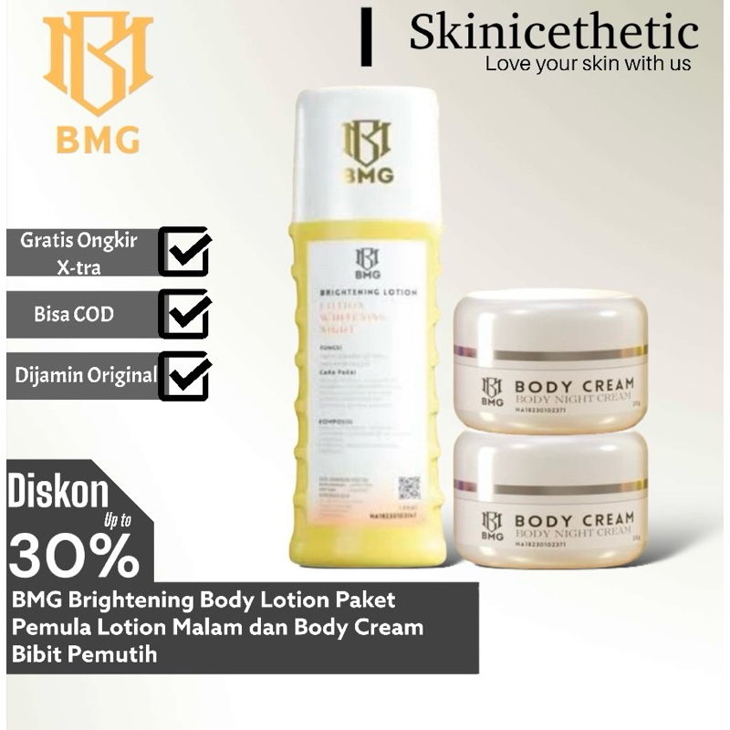 BMG Lotion Mencerahkan Badan Paket Pemula isi Lotion Malam dan Body Cream Bibit Pemutih Wangi Anggur