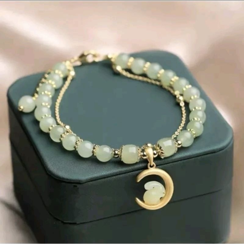 SEE_BEAUTY SEE41 GELANG GIOK ASLI BULAN KELINCI TITANIUM GELANG GIOK KACANG WANITA BERLAPIS EMAS 18K