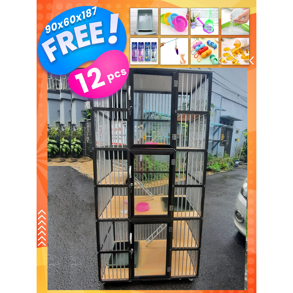 kandang kucing  3 pintu alumunium tingkat aluminium rangka anti karat alas keramik mudah dibersihkan