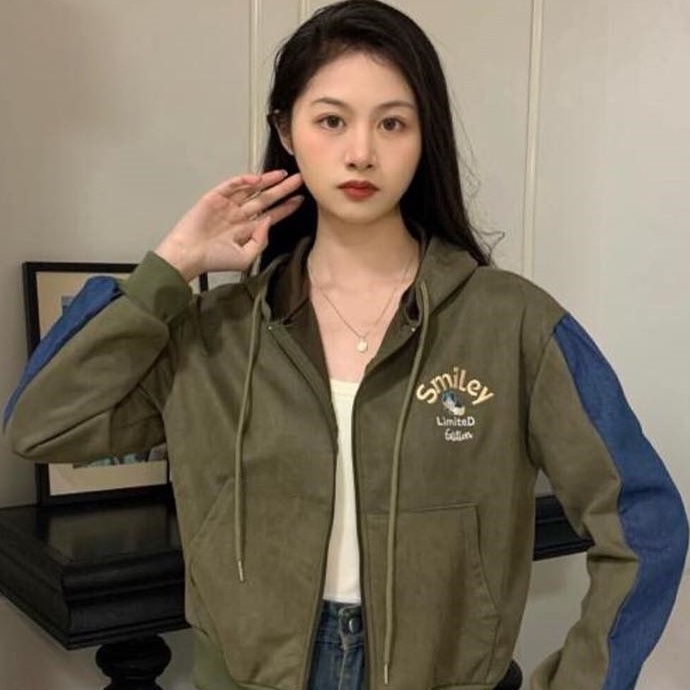 Terbaik Jaket Hoodie Zipper Wanita Premium Suede Bludru Kombinasi Denim Allsize  Smile