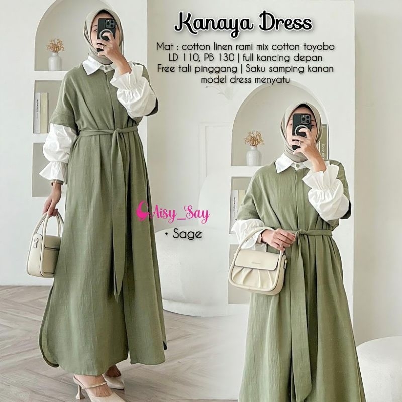 By Aisysay Kanaya Dress Kombinasi Cotton Linen Mix Toyobo-Dress Korean Style-Gamis Remaja Kombinasi 