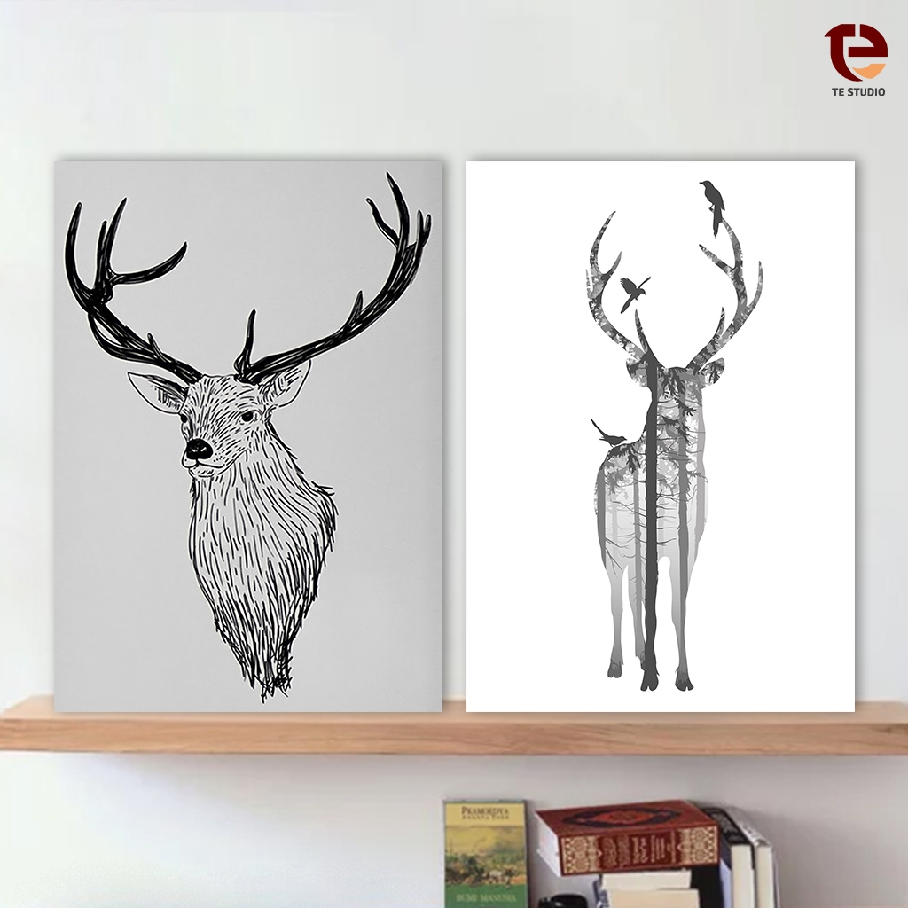 Hiasan Dinding Rusa Poster Minimalis Scandinavian Deer Wall Decor Satwa Lukisan Hewan