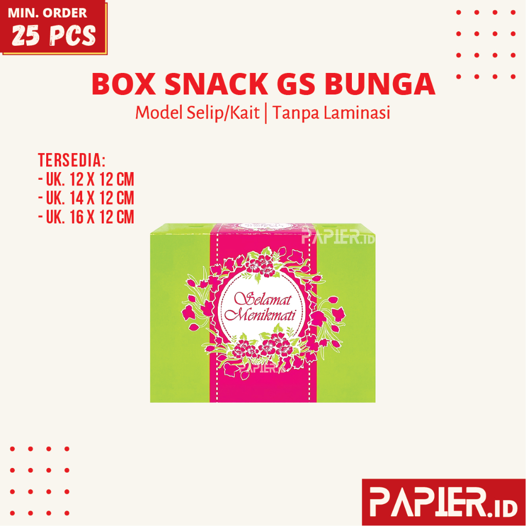 

Box Snack GS Motif Bunga 310gr uk. 12x12 , 14x12 , 16x12 cm Tanpa Laminasi Tebal 310 gsm / Dus Snack Kotak Makanan 12x12 12x14 12x16