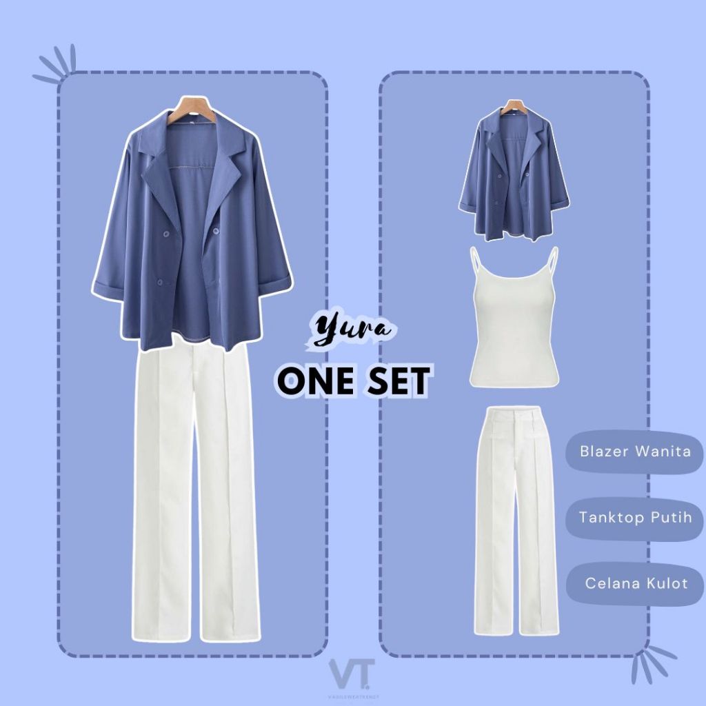 Setelan 3 in 1 tank top putih blazer wanita biru denim celana kulot putih tulang one set yura