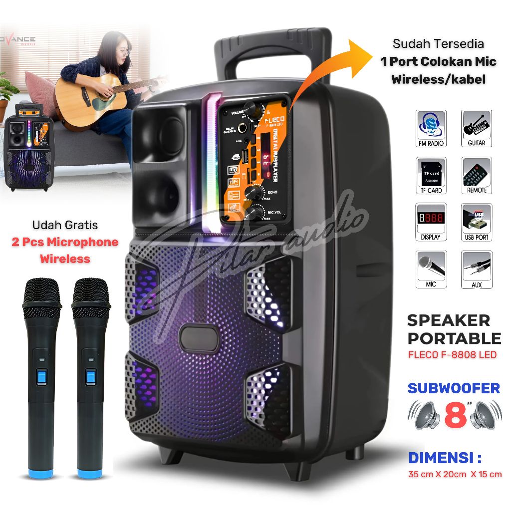 Speaker Bluetooth FLECO F-8808 LED 8 Inch Free 2 Mic Wireless Karaoke + Remote - Speaker Karaoke Ful