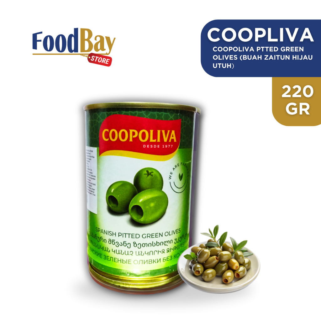 

COOPOLIVA Green Pitted Olives Buah Zaitun Hijau Utuh 385 Gr