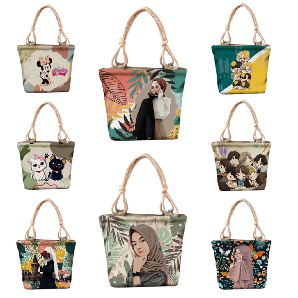 NEAR_Totebag Kanvas Tebal Resleting Tali/Sumbu Motif