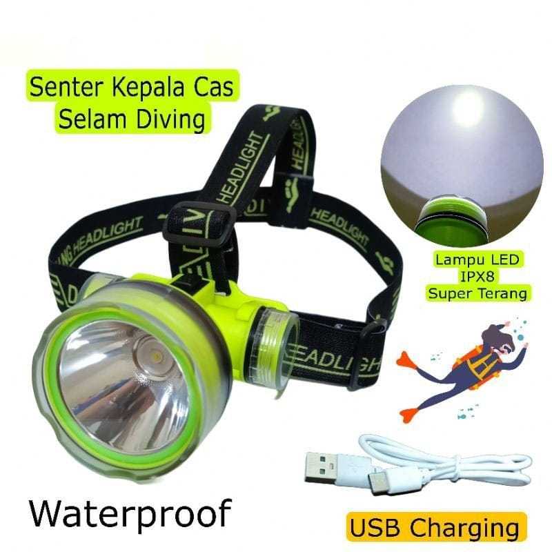 SENTER KEPALA SELAM LED 60W SQ-902 - HEADLAMP DIVING - CAHAYA TERANG - JARAK JAUH - TYPE-C