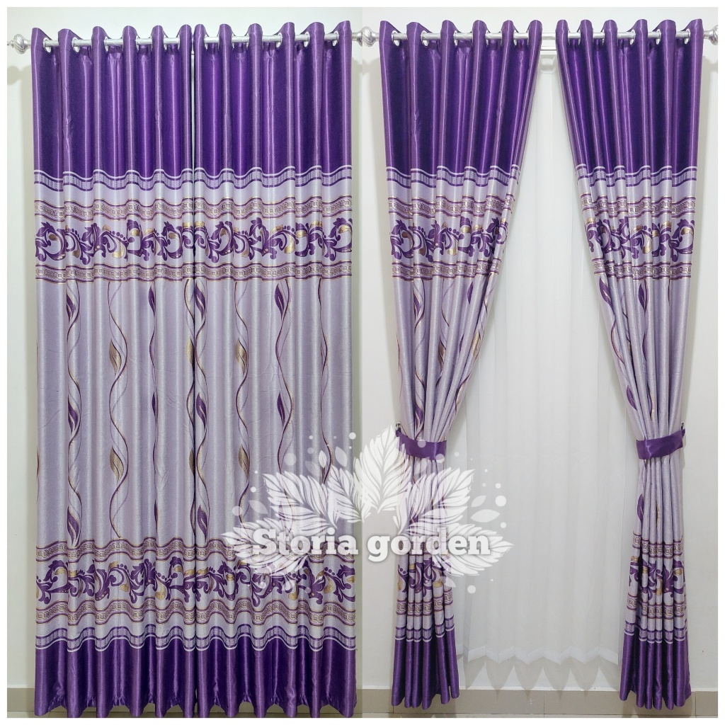Gorden Jendela Pintu motif Arizona Blackout Warna Ungu Tebal Aesthetic Kamar Minimalis 6 Gelombang