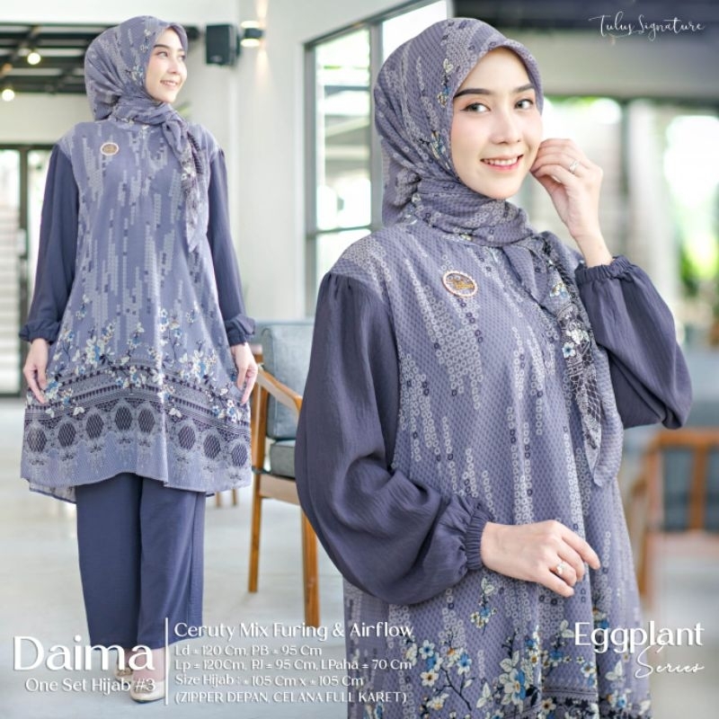 daima one set tunik dan celana free hijab tulus signature kulot crinkle long tunik import crinkle se