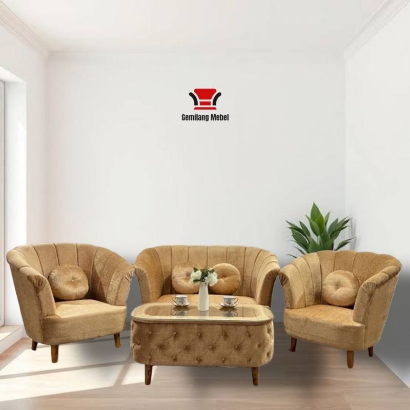Sofa Tamu Minimalis 211 + meja & kaca | Sofa Tamu Retro
