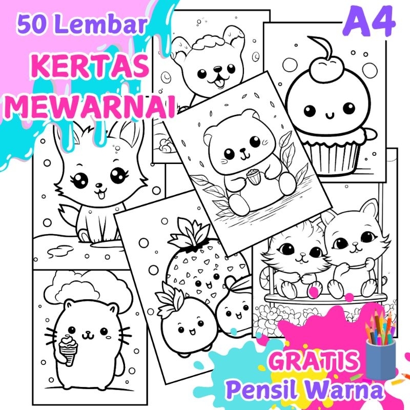 

A4 50 Lembar Kertas Mewarnai Cute Animals