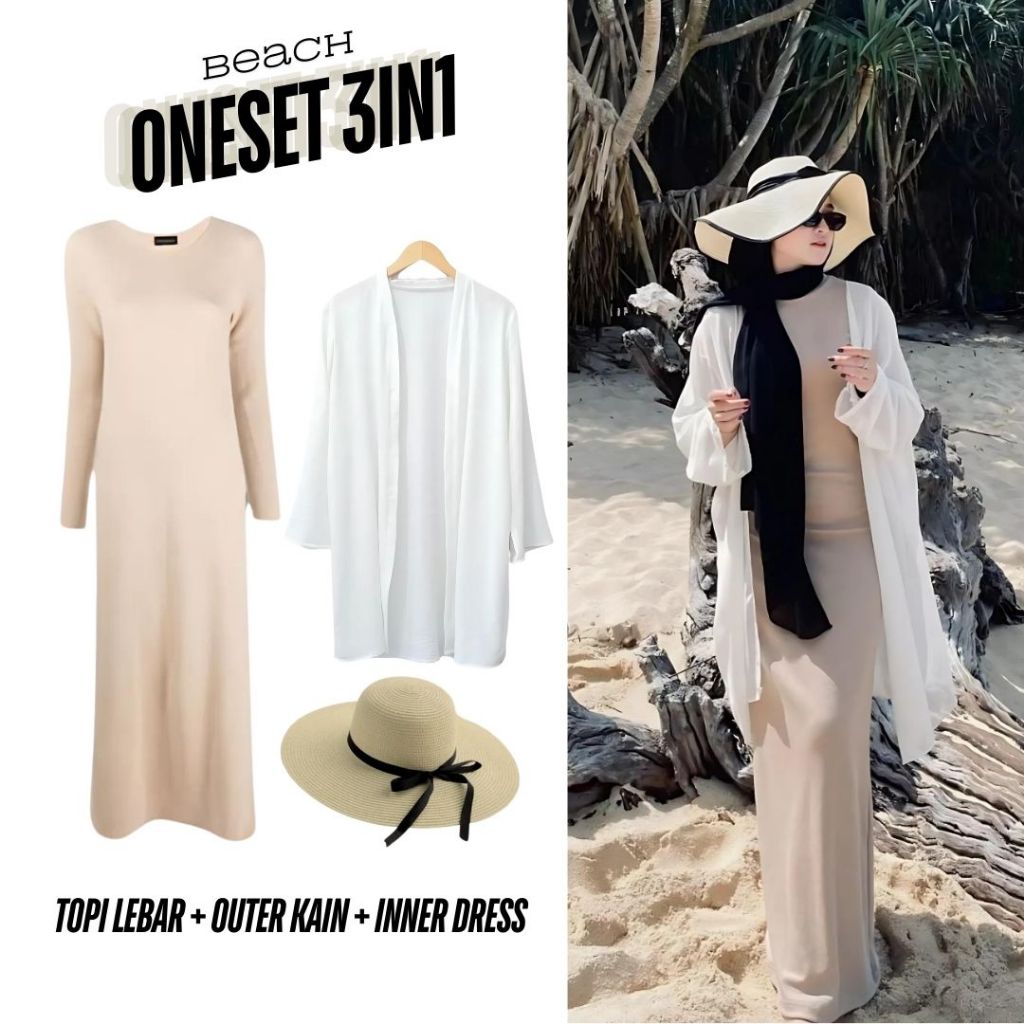 One set 3in1 cardigan outer outwear brukat putih inner dress manset lengan panjang topi pantai lebar