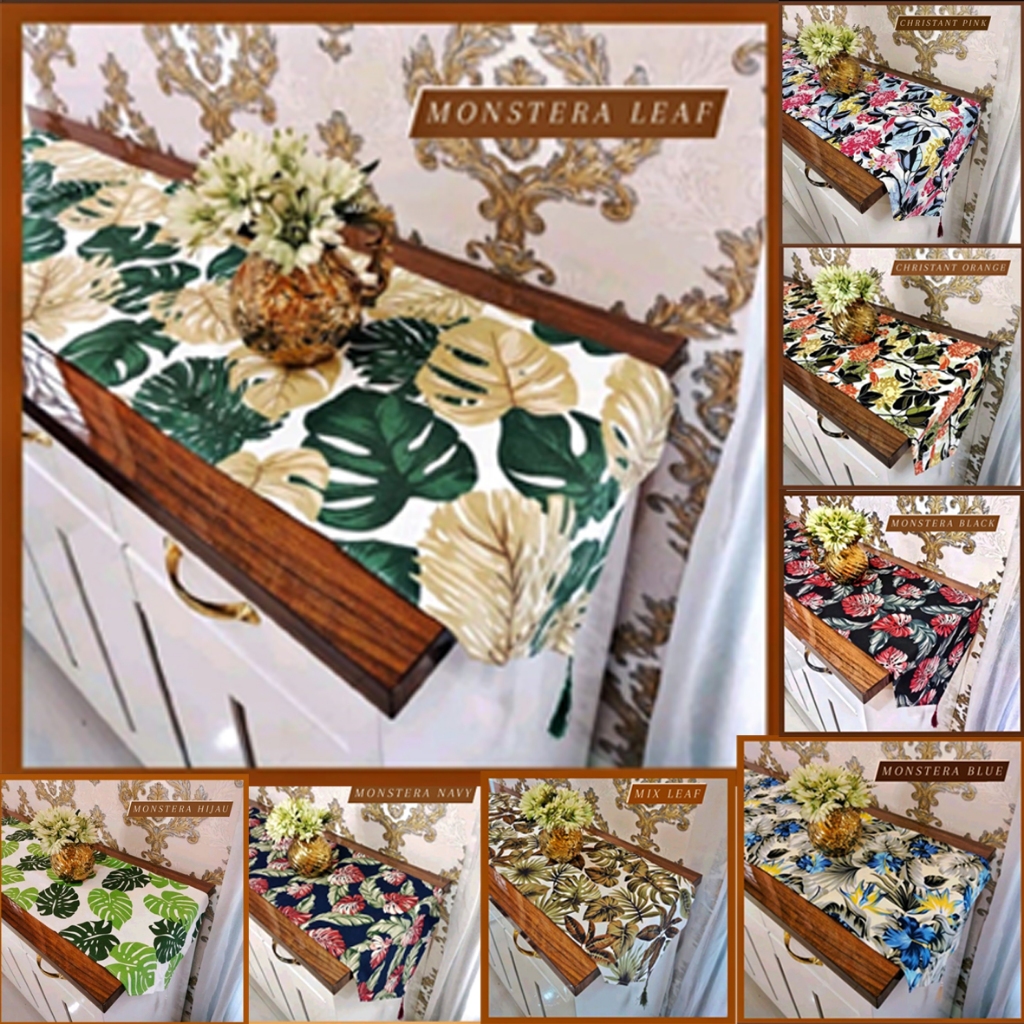 Taplak Meja Ruang Tamu Mewah uk.75x150cm Bahan Kain Kanvas Aneka Motif Bunga Daun