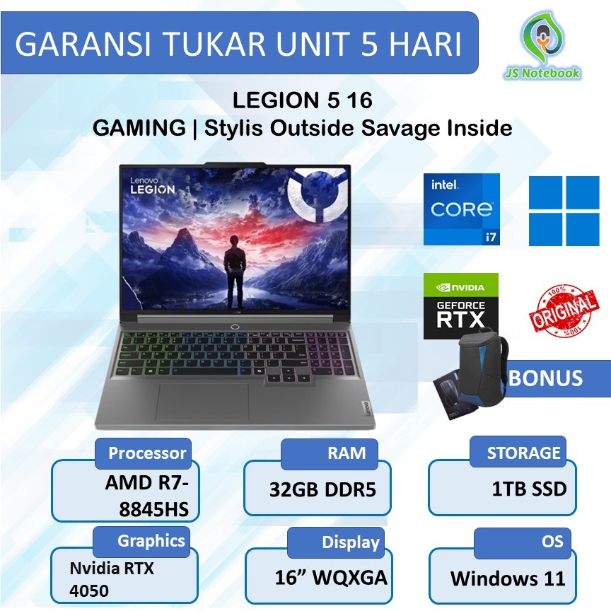 LENOVO LEGION SLIM 5 16 RYZEN 7 8845HS RTX4050 6GB/ 16GB 512GB W11+OHS 16.0WQXGA 165HZ 4ZRGB (BOX MO