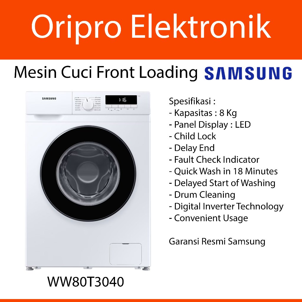 Mesin Cuci Front Loading 8 Kg Digital Inverter Samsung WW80T3040