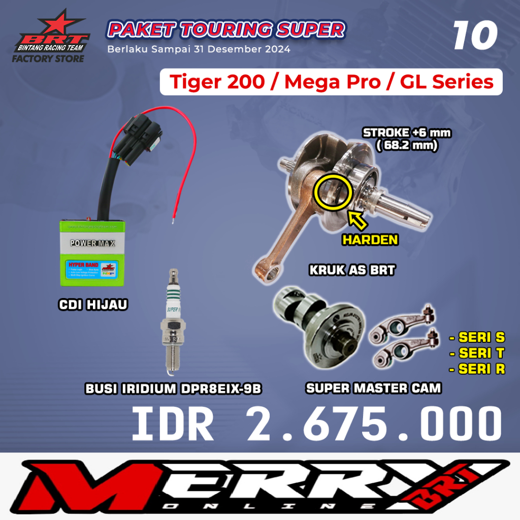 Paket Touring Super 10 BRT Bore Up Tiger GL Megapro Primus kruk as CDI Noken as