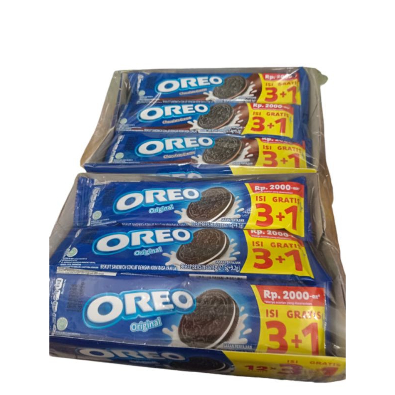 

Oreo original dan coklat cremeKemasan box 36.8g 27.6g 9.2g 12 sachet isi 3 + gratis 1 cookies