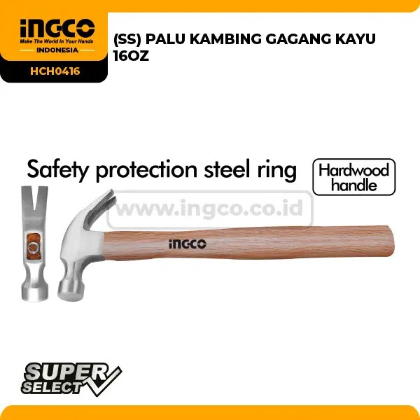 (SS) PALU KAMBING GAGANG KAYU 16OZ HCH0416 INGCO