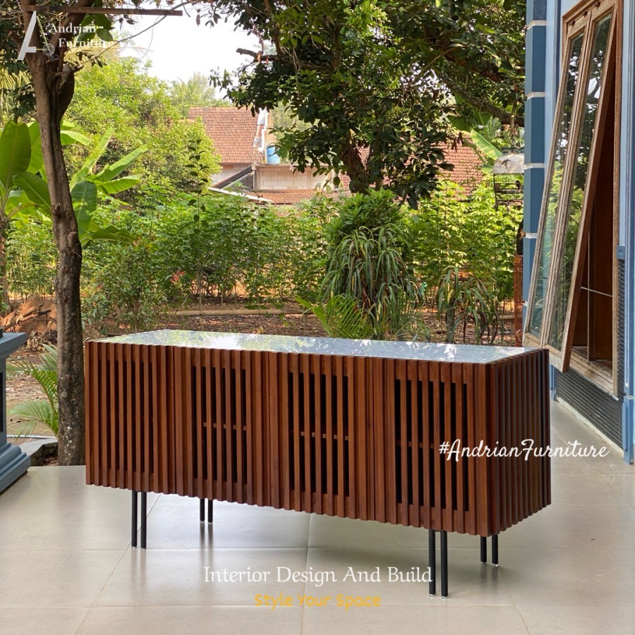 Bufet Meja TV / Konsol Foyer Hias Minimalis Kayu Jati Top Marmer - Sideboard