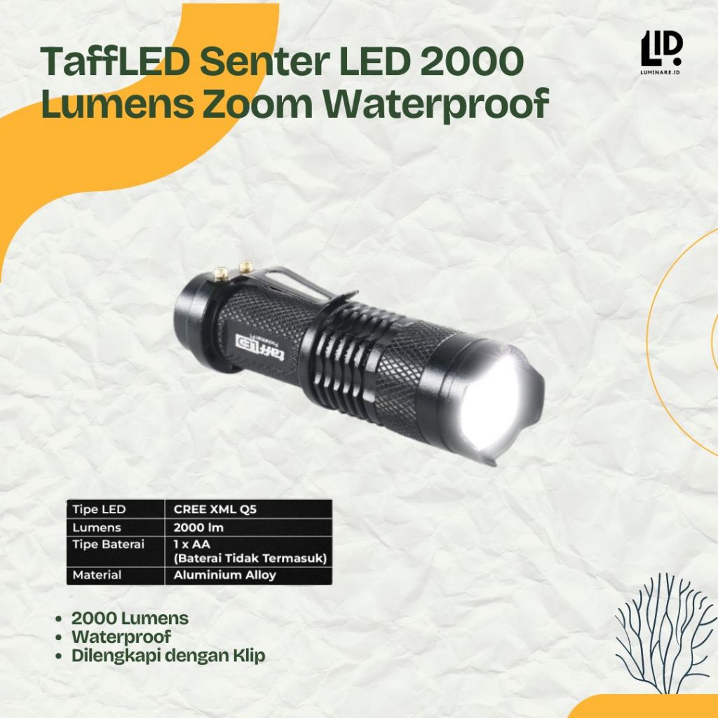 TaffLED Senter LED Pocketman P12000 Lumens Zoom Waterproof - Black