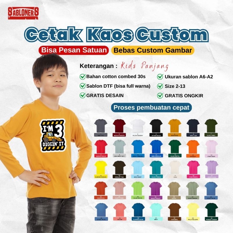 Sablon Kaos Anak Satuan Custom Nama Foto DTF Full Colour Murah Cotton Combed 30s Premium Quality - P