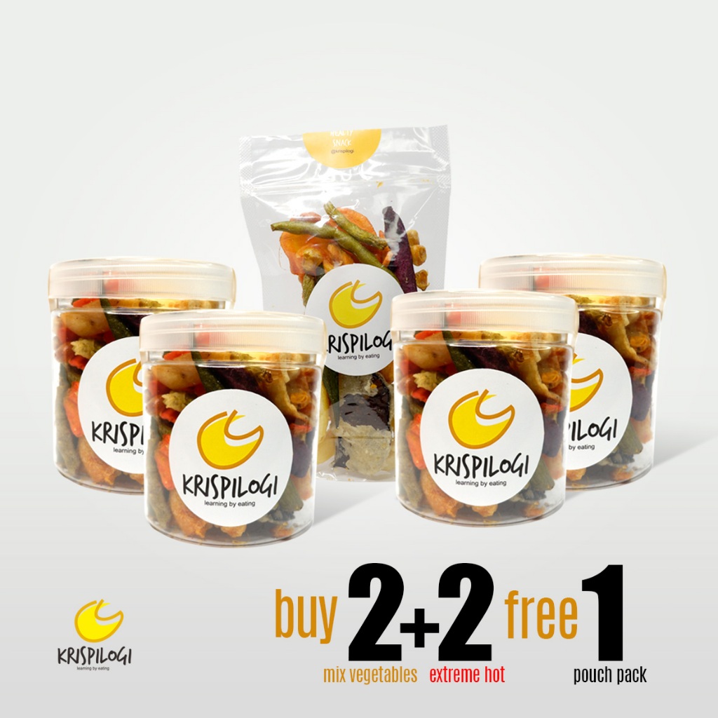 

Krispilogi - Keripik Sayur Premium Mix Bundling 2 Keripik Sayur Premium 2 Keripik Pedas Extreme Hot FREE Mix Sayur Pouch