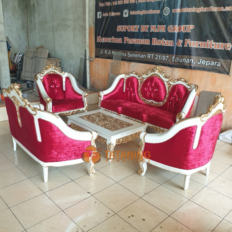 SOFA TAMU ROMAWI JAMBU KAYU JATI FINISHING MEWAH KURSI MEJA KOPI DEKORASI RUANG INTERIOR MURAH TATAN