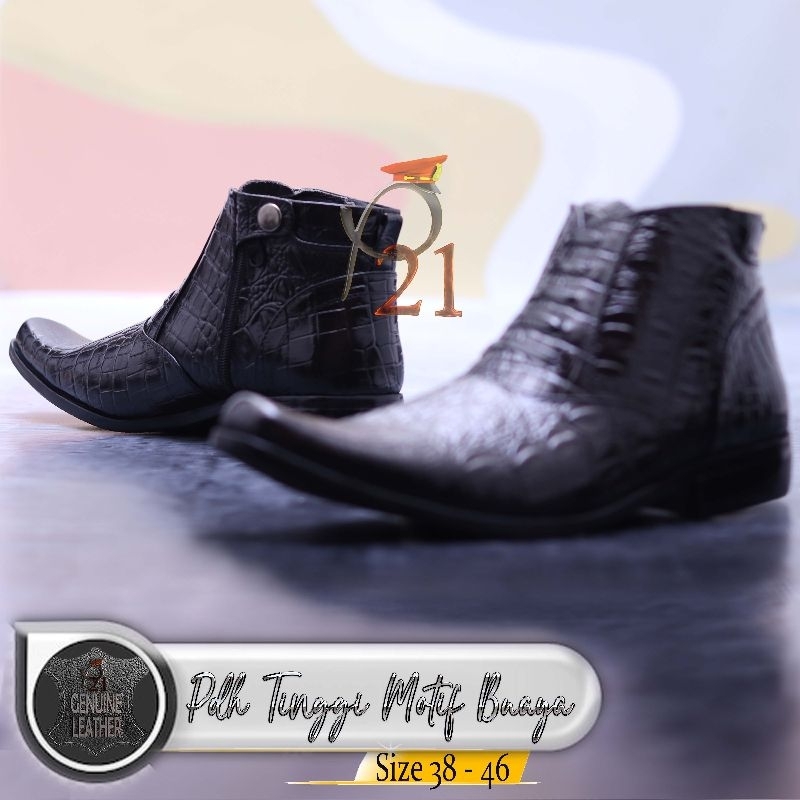 sepatu pdh pria merk p21 kulit asli model PDH TINGGI MOTIF BUAYA