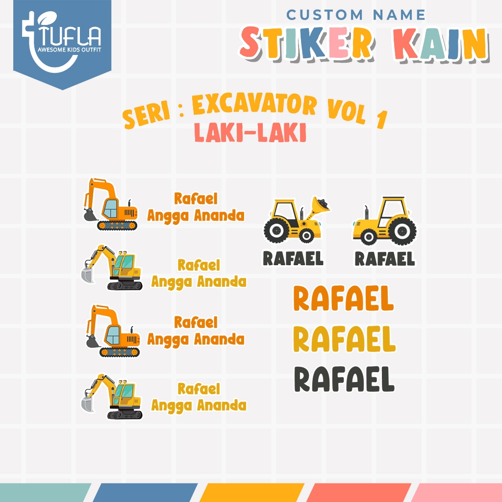 

[ISI 28-80pcs] Stiker Custom Nama Baju Dan Kain Anak Tinggal Setrika Untuk Label Seragam Sekolah Pesantren Asrama Ukuran A4 Karakter EXCAVATOR VOL 1