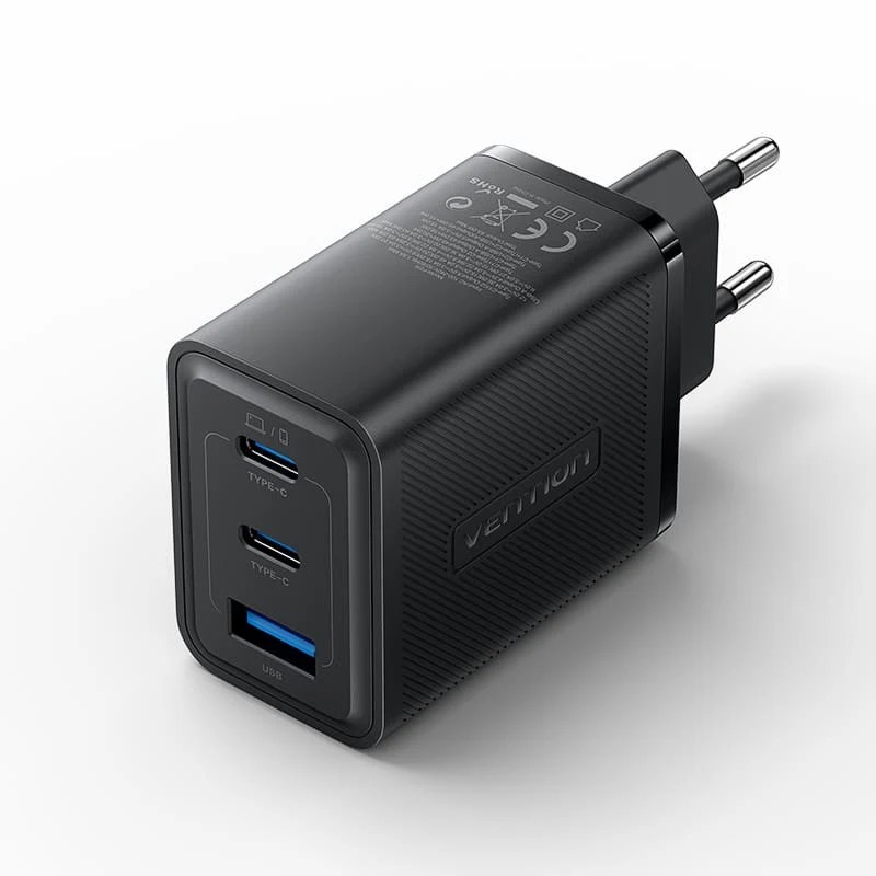 Vention 3-Port USB (C + C + A) GaN Charger/Cas (65W/65W/60W) EU-Plug Black