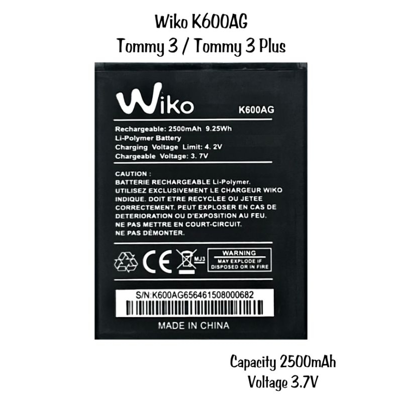 Baterai WIKO K600AG / TOMMY 3 / TOMMY 3 PLUS battery batre