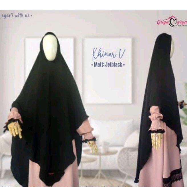 Khimar Basic Cutting V Bahan Wolfis Crinkle Yoris Fortaleza Jetblack Size M L XL Sepaha Selutut Sebe