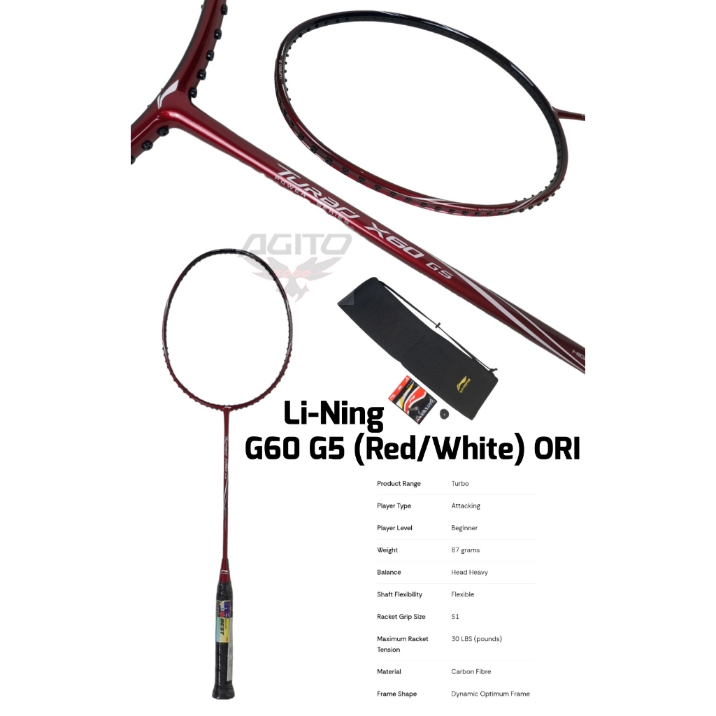 Raket Badminton Bulu Tangkis Li-Ning Lining Turbo X60 GS Red White ORI