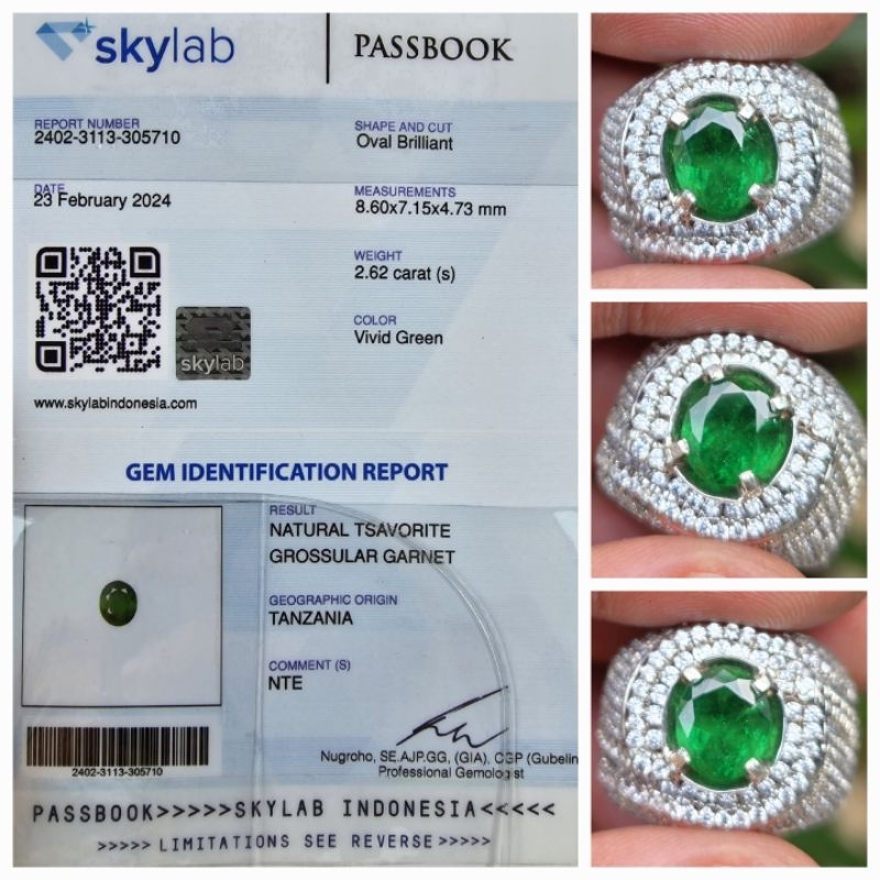 Natural HQ Vivid Green Tsavorite Garnet Sertifikat 2.62 crt