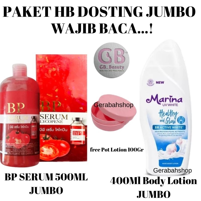 Paket Hb Dosting Whitening JUMBO BP SERUM THAILAND Jumbo 500Gr + Marina 400Gr Body Lotion Pemutih Ba