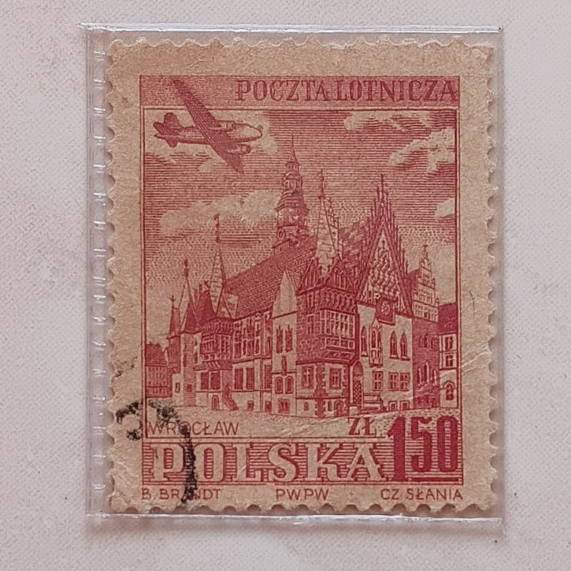 

(AD) Perangko Polandia 1954 Airplane over historic buildings - City Hall, Wroclaw 1,50 zloty Used