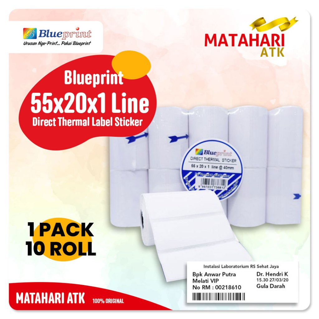 

55x20 (1 PACK) Kertas Thermal Sticker Barcode Stiker Label Termal BLUEPRINT Paper Roll ≈ 58MM