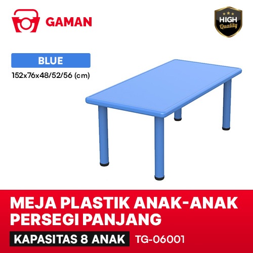 MEJA PLASTIK ANAK-ANAK PERSEGI PANJANG - 152x76x48/52/56 (cm) KAPASITAS 8 ANAK - BIRU - TG-06001