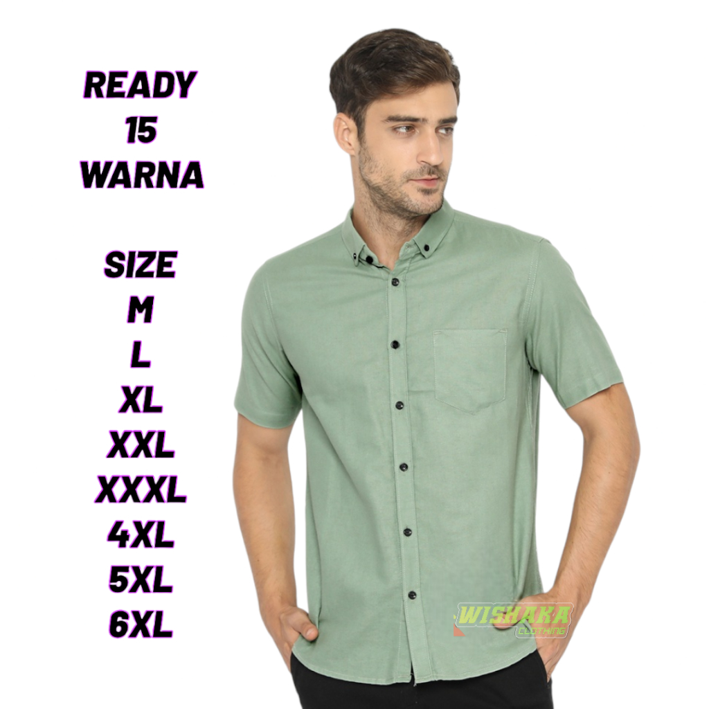 WISHAKA Kemeja Pria Lengan Pendek Cowok Polos Katun Sage Hijau Toska XXL XXXL Kasual