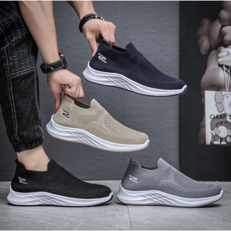Esse Sepatu Sneaker Kanvas Rajut Pria Tanpa Tali Casual Shoes 050